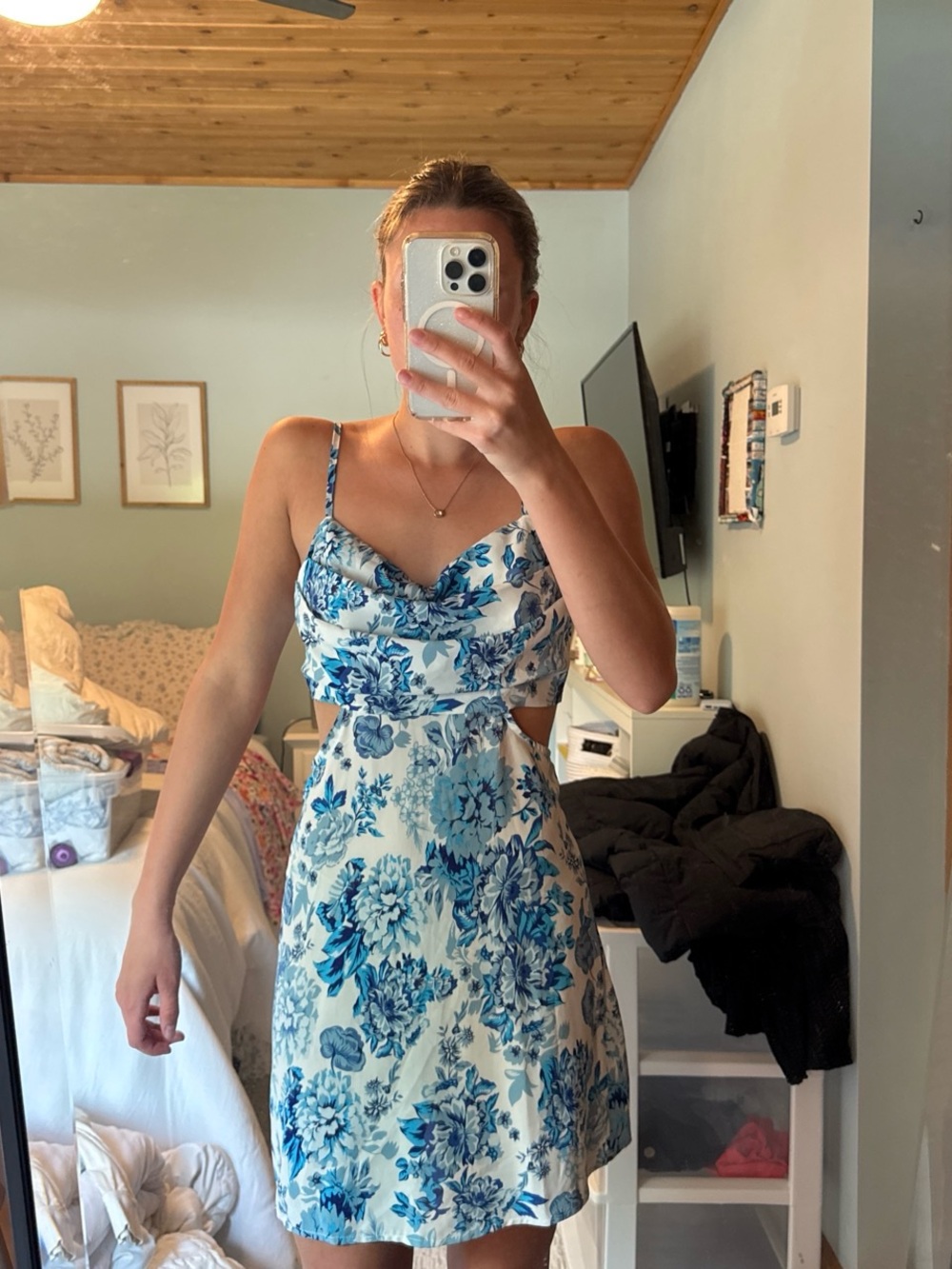 Amazon Blue Floral Cowl-Neck Cutout Sundress